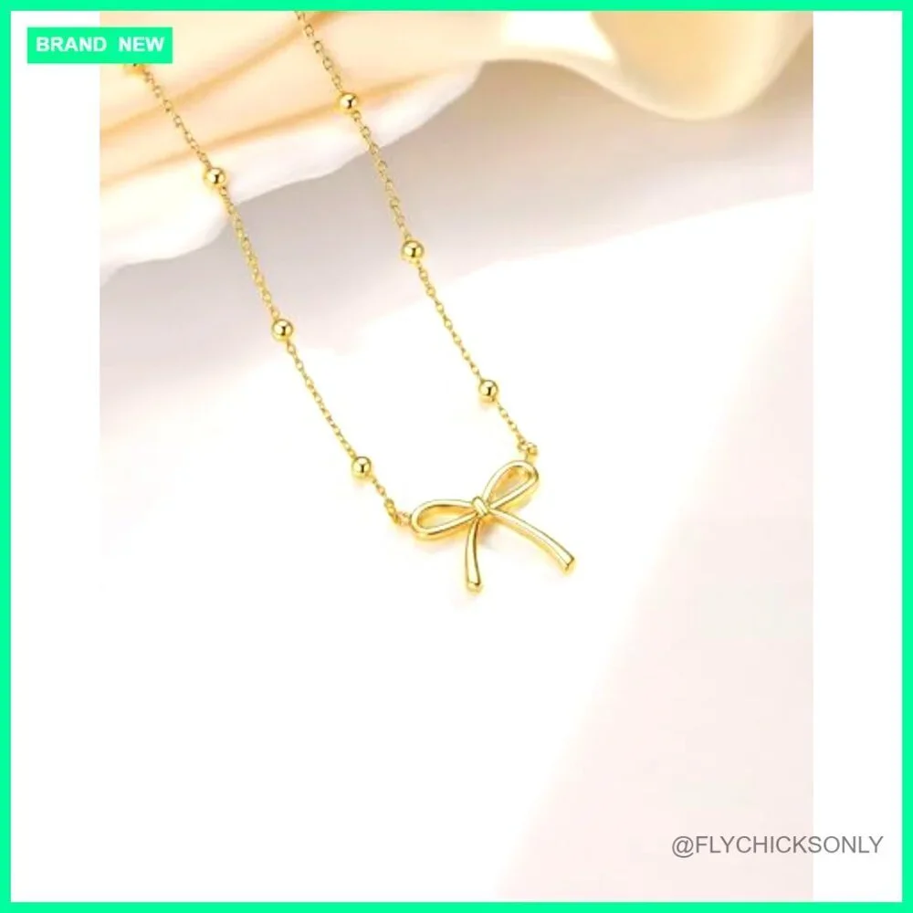 Gold Plated Bow Necklace with Beaded Chain for Girls